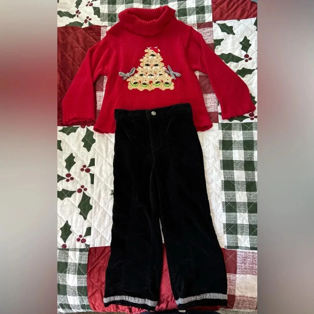 b.t. kids Christmas Reindeer Embroidered Knit Red Sweater & Black Corduroys Sz 4